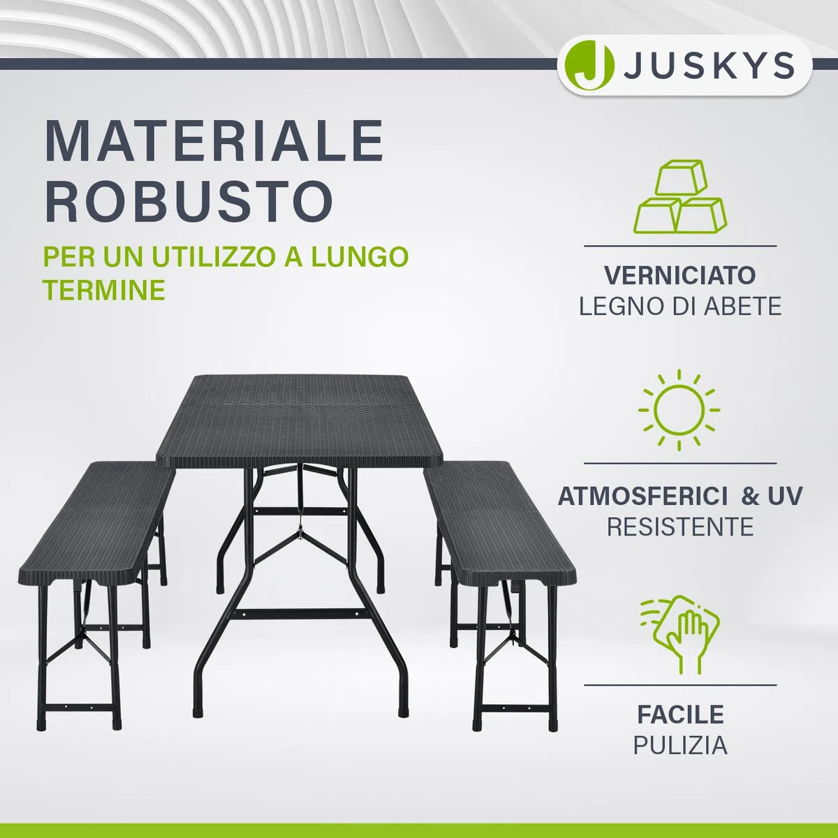 Juskys Set tenda da birra Amberg 3 pezzi e pieghevole - 180 x 74 x 74-2 panche da birra e tavolo da birra in stile rattan Set mobili da giardino Set tendone da campeggio