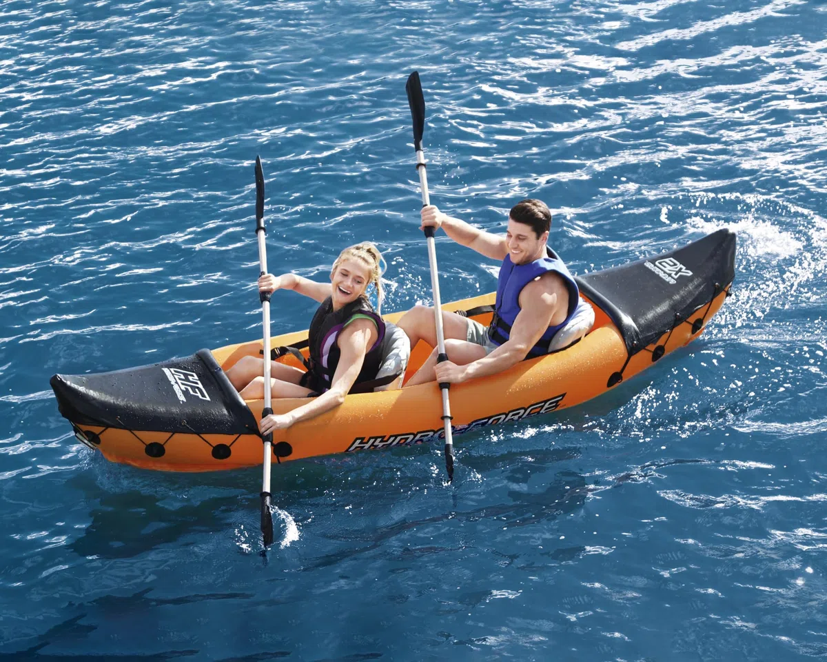 Hydro-Force Rapid Kayak | Set kayak gonfiabile per 2 persone con sedili, schienale, pagaie, pompa a mano e borsa per il trasporto, arancione