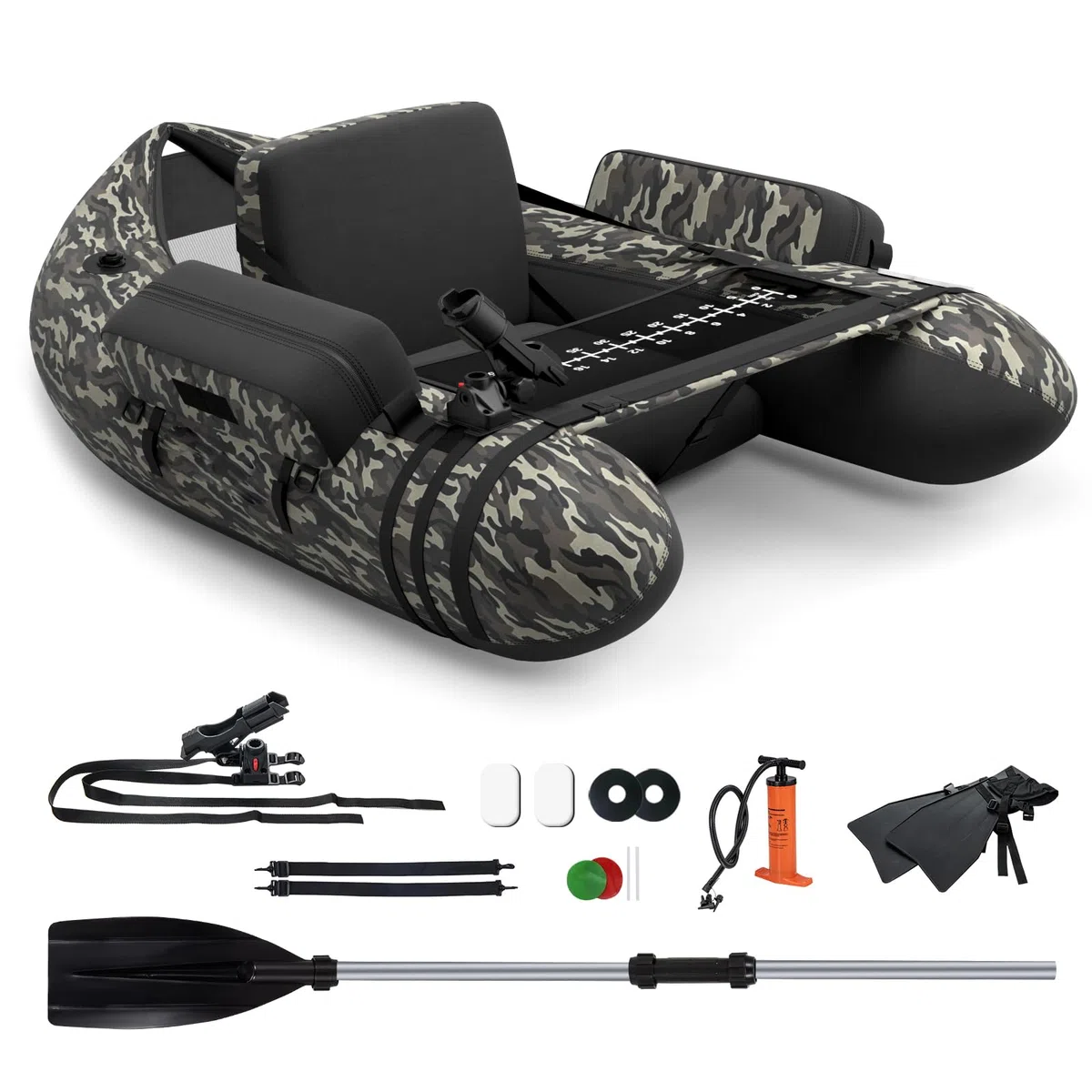 COSTWAY Belly Boat da Pesca Portatile, Gommone Gonfiabile da Pesca con Porta Canne Regolabile, Pompa, Pagaia in Alluminio, Spallacci e Kit di Riparazione, Barca da Mare con 2 Pinne, capacità 160kg
