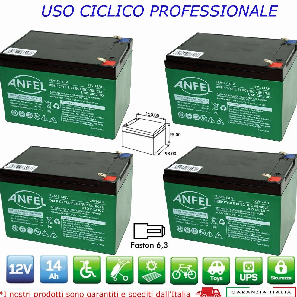 4 X Batteria 12 Volt 14 ah Ricaricabile per Uso CICLICO 6DZM per Bici Elettriche monopattini sollevatori carrozzine Scooter Alta RESA Rinforzata
