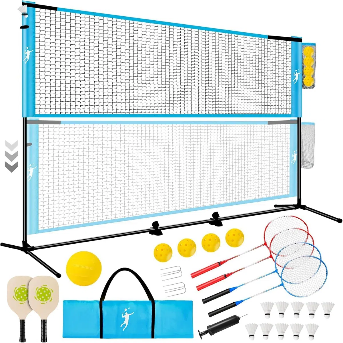 Rete Multisport Regolabile per Badminton, Pallavolo, Pickleball e Tennis | Set Portatile con Paddle e Racchette, 5 Punti di Ancoraggio Indoor/Outdoor