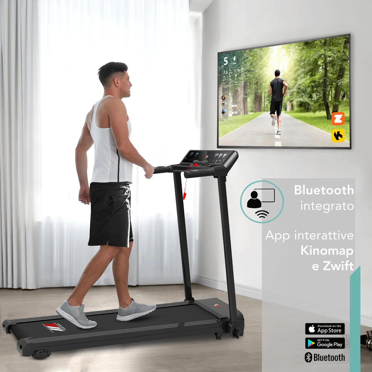 YM Tapis Roulant Salvaspazio 16 km/h, Marchio Italiano, Inclinazione, APP Compatibili, Pieghevole, Ampia Superfice, 2 Sistemi Controllo (TASTI + GESTUALE) Brevettato, NEXT 4000 Your Move