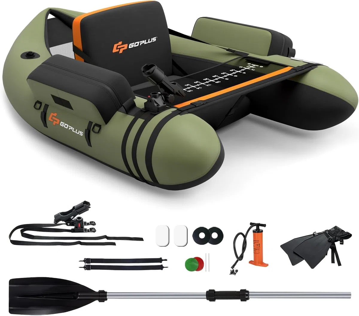FANTASK Gonfiabile Schlauchboot, barca da pesca con pompa, remi, cinture, Bellyboat per adulti, capacità di carico 150 kg, 135 x 109 x 54 cm (Verde)