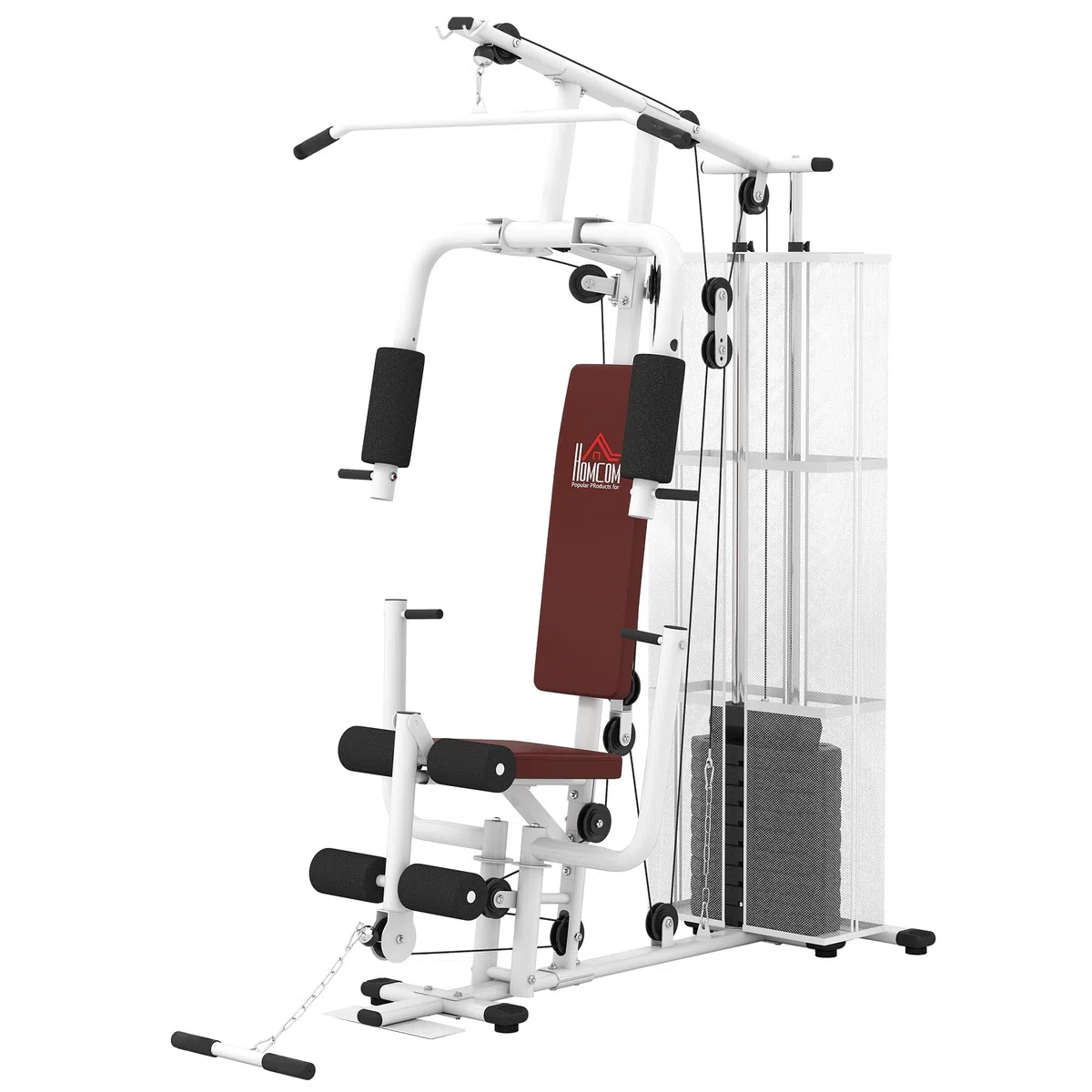 HOMCOM Stazione Fitness con Pull Down, Chest Press, Flessioni, Allungamenti delle Gambe e Vogate, Palestra Multifunzione in Acciaio con Peso di 45 kg, per Home Gym Casa, 150x110x210 cm, Bianco