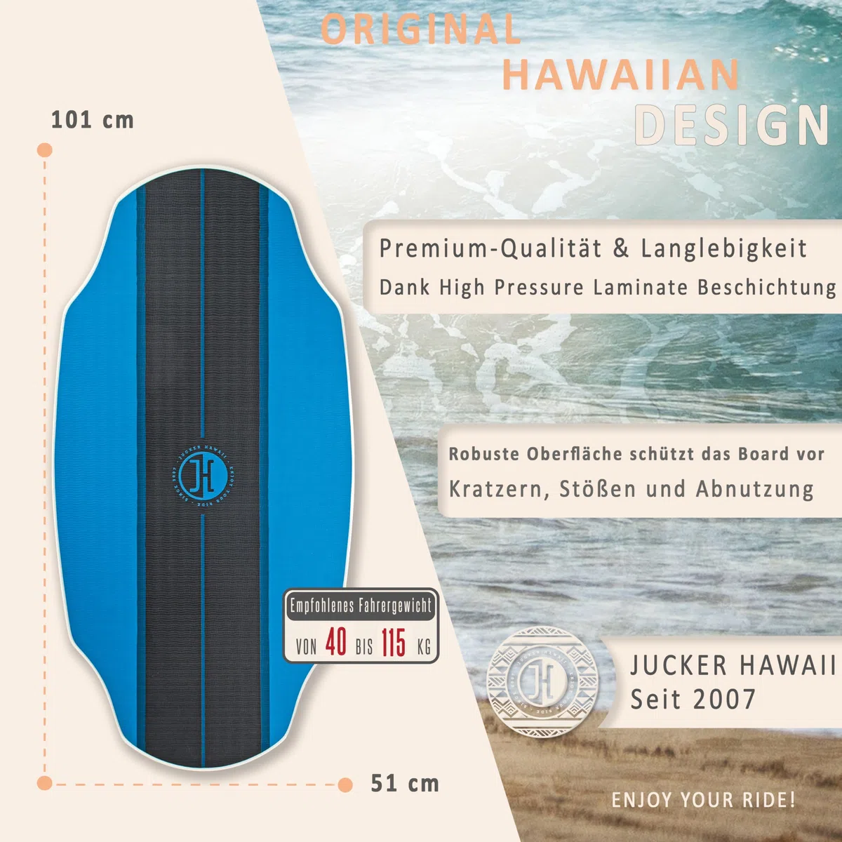 JUCKER Hawaii Skimboard HPL, scorrevolezza professionale, superficie antiscivolo