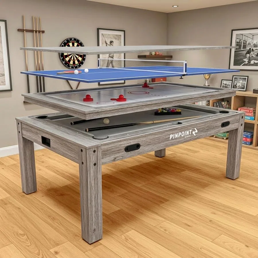 PINPOINT Tavolo da gioco 4 in 1 – biliardo, air hockey, ping pong e giochi da tavolo – Tavolo da interno da 2,1 m con accessori inclusi – Finitura in legno grigio Driftwood per sale giochi e famiglia