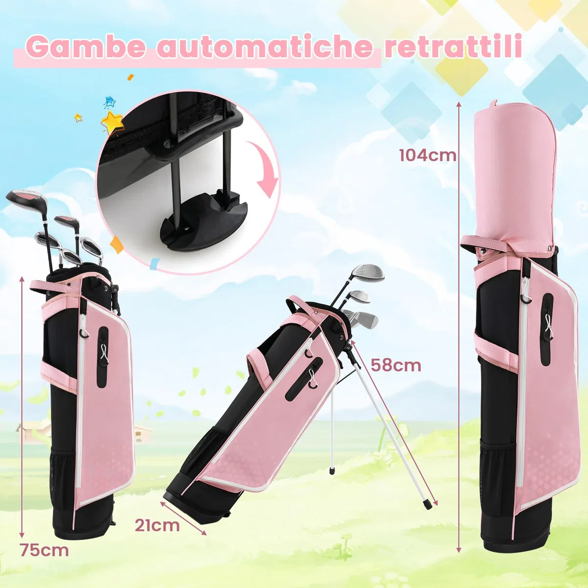 COSTWAY Set di Mazze da Golf per Bambini con Sacca, Fodera Impermeabile, Driver 1, Ibrido 5, Ferro 7, Ferro 9, Ferro S e Putter, Set Allenamento Golf per 11-13 Anni, Destrorso