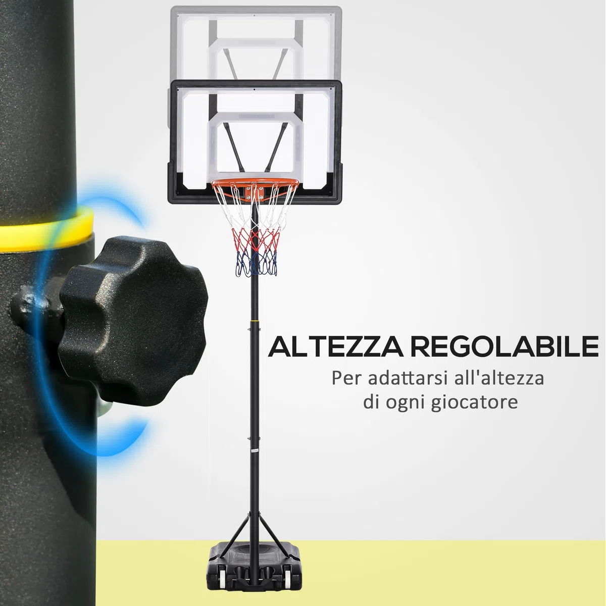 HOMCOM Canestro Basket Altezza Regolabile 160-210cm, Canestro Basket Esterno con Struttura in Acciaio e Base con Ruote, Tabellone in PE Trasparente