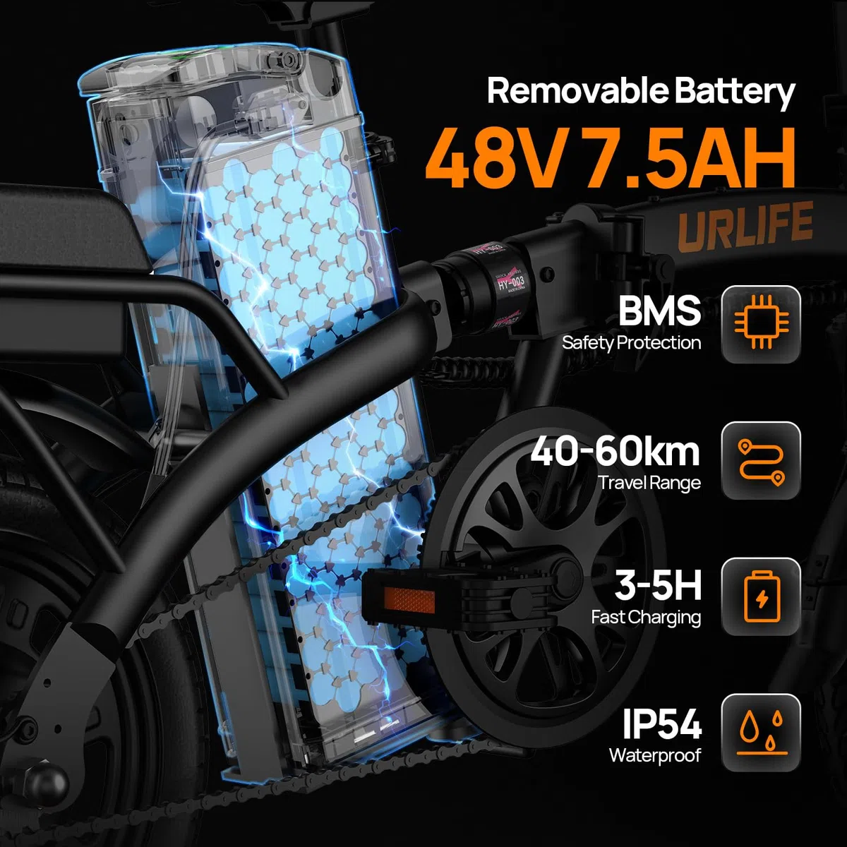 URLIFE Bici Elettrica, 14" Bicicletta Elettrica Pieghevole con 3 Modalità di Guida, Batteria Rimovibile 48V 7.5Ah Autonomia di 60 km E-bike da per Adulti e Adolescenti