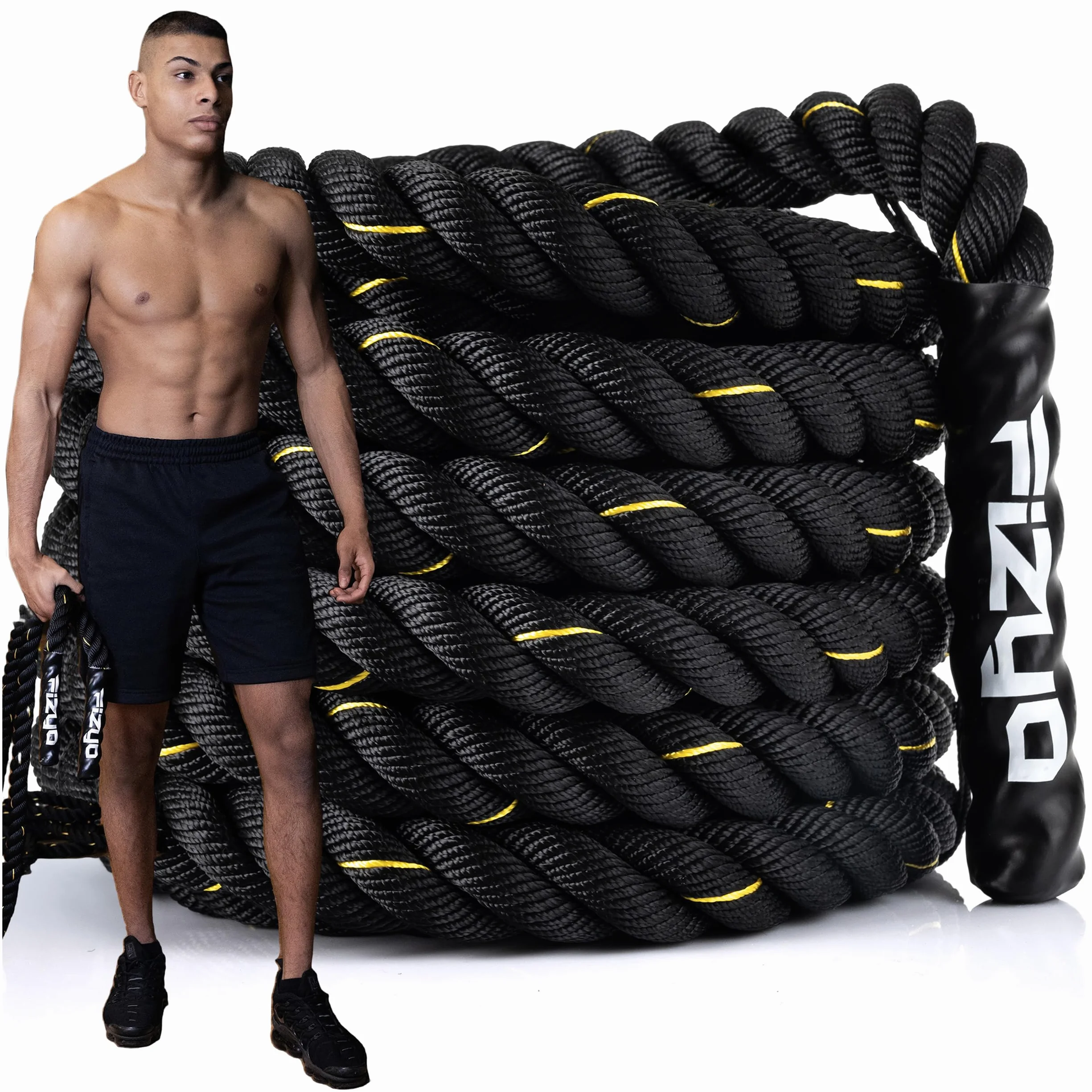 FIZYO Battle Rope – Corda da Allenamento Robusta per Functional Training, Cross Training, Forza e Resistenza – Diametro 3,8 cm, Costruzione a 3 Fili – Home Gym & Outdoor (9m)