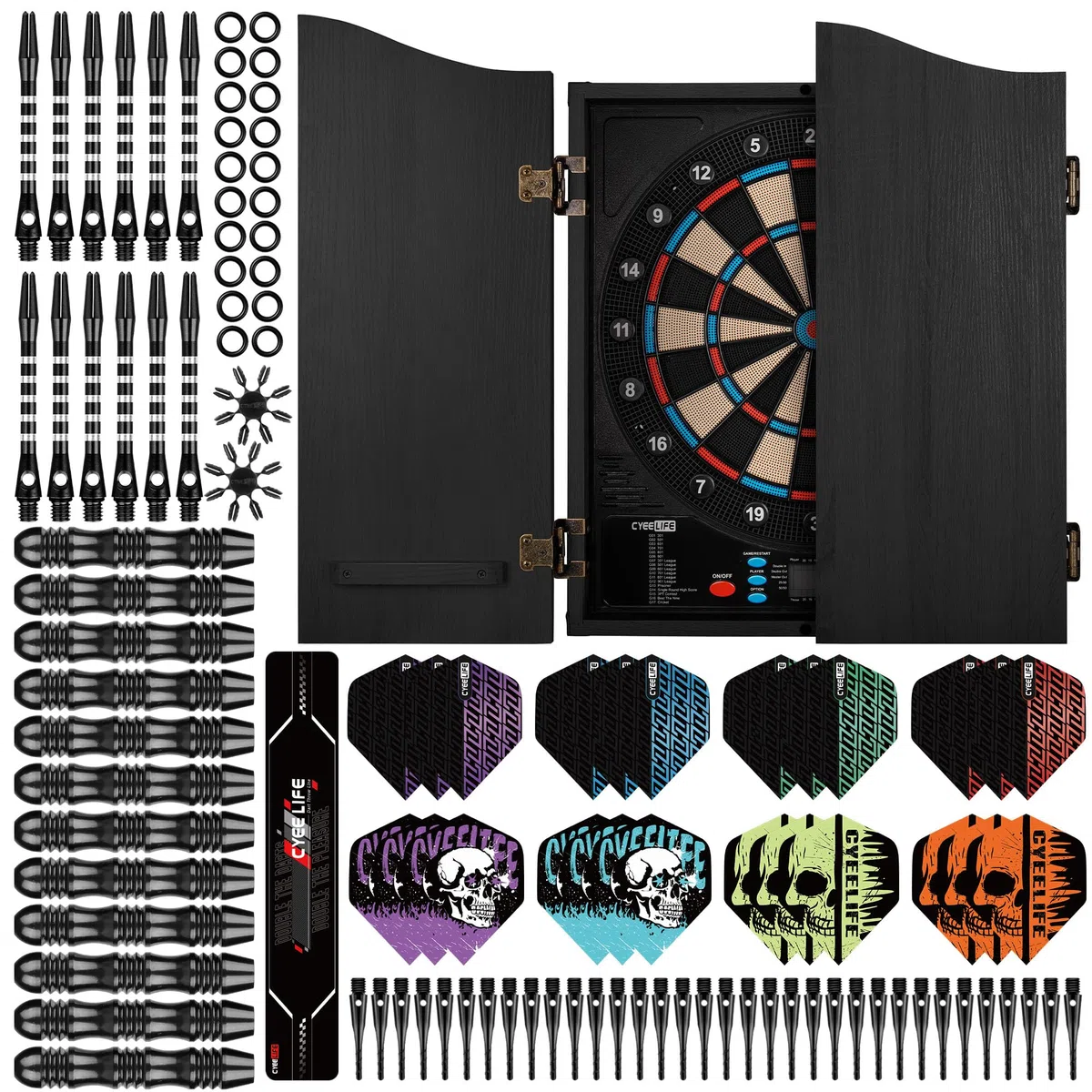 CyeeLife Bersaglio per Freccette Elettronico con Cabinet in Legno, Dartboard Elettronico, Bersaglio con 34 Giochi e 355 Varianti, Modalità per 8 Giocatori, Display LED