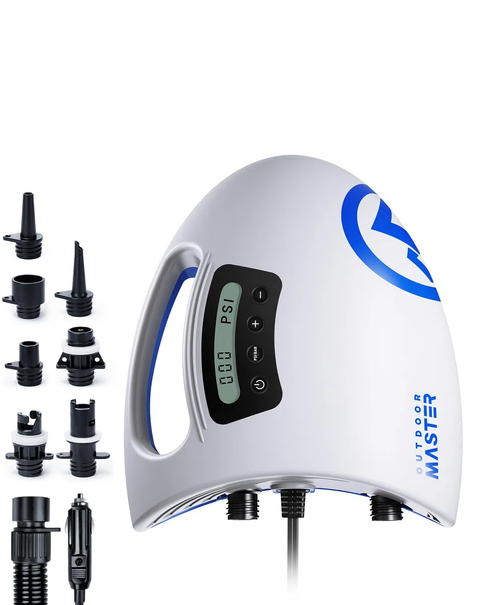 OutdoorMaster The Shark Pompa ad aria elettrica SUP ad alta pressione con 20 PSI 12 V DC Sistema di raffreddamento attivo intelligente a due stadi per gonfiare paddle board barche