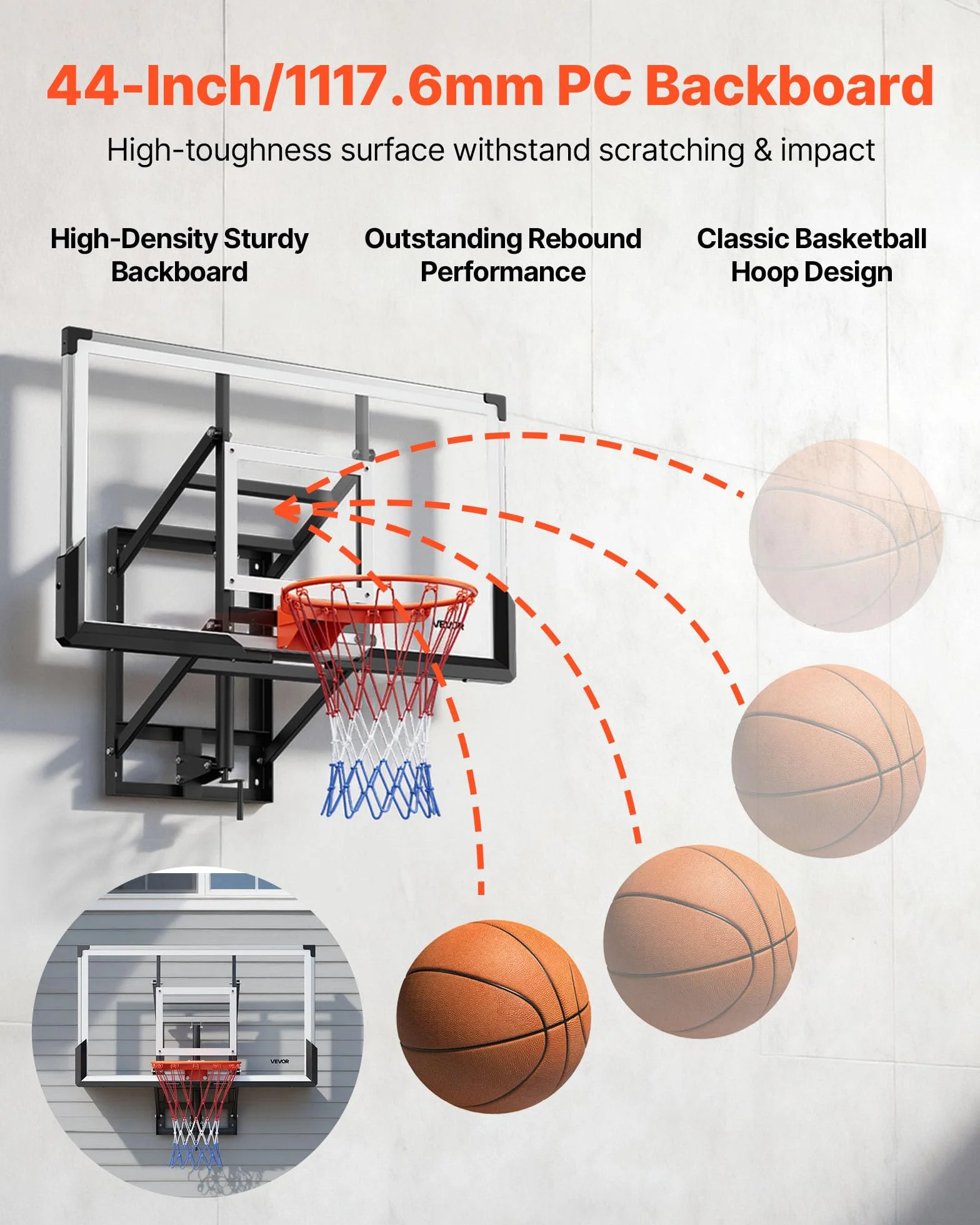 VEVOR Canestro da Basket a Parete con Tabellone in PC da 1371,6 mm e Tabellone con Spessore di 2 mm, Rete in Misto Nylon Spesso, Canestro da Basket Peso di 33,6 kg per Gioco Professionale