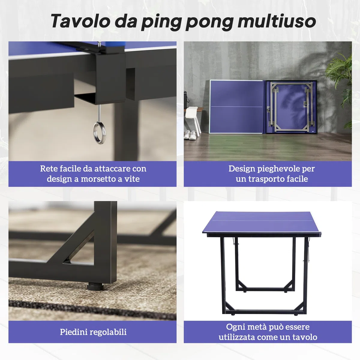 HOMCOM Tavolo da Ping Pong Pieghevole per Interni, Tavolo Ping Pong con Rete, Montaggio Non Richiesto, Blu e Viola