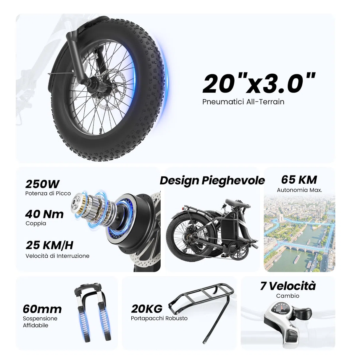 Touroll Bicicletta Elettrica, S3/S3 Pro Bici Elettrica pieghevole, 20"×3.0" fat bike elettrica, Autonomia 195 KM, Forcella Ammortizzata,Batteria Rimovibile