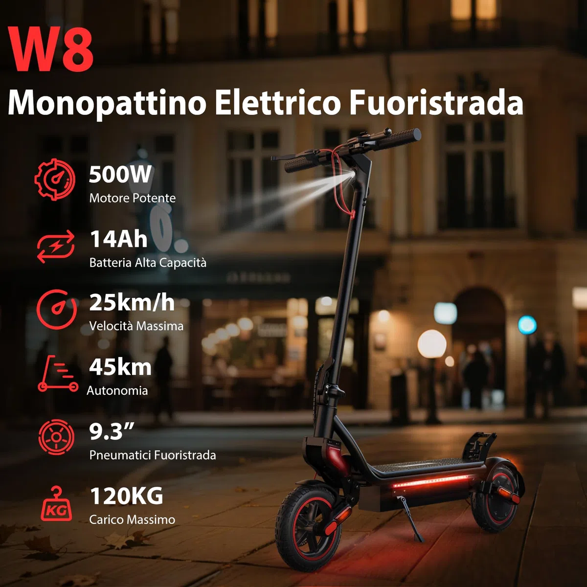 W8 500W Monopattino Elettrico Fuoristrada Con Frecce, 10Ah Batteria, Quattro velocità 6/10/15/25km/h, 45-50 Km Autonomia, 2 Sistemi Di Frenata, Controllo App,Pieghevole, Carico 120Kg