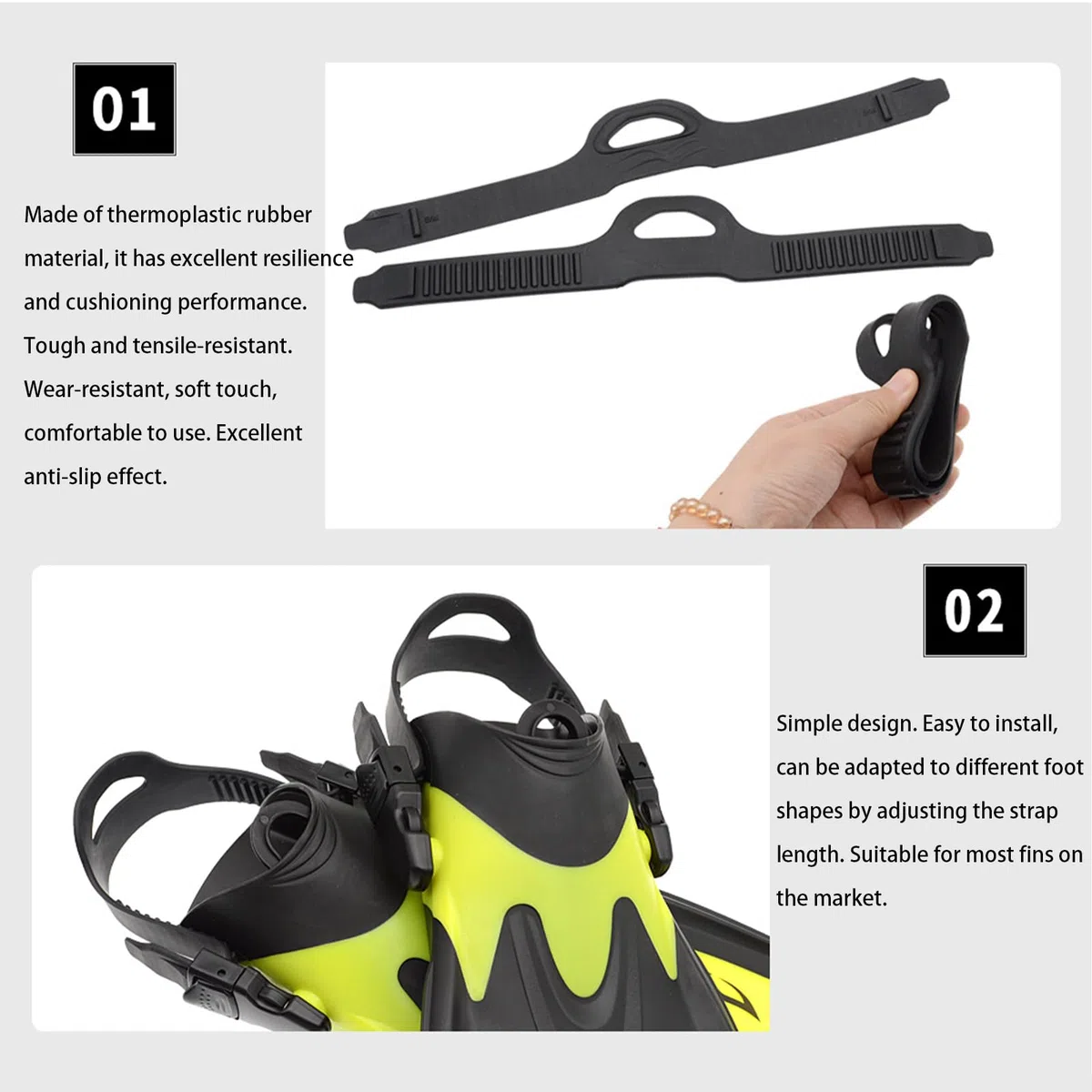Set di 2 cinghie per pinne da sub, regolabili, antiscivolo, per pinne di ricambio, perfette per nuoto, immersioni, piscina, lago, spiaggia, pesca, surf, 41 cm, colore nero
