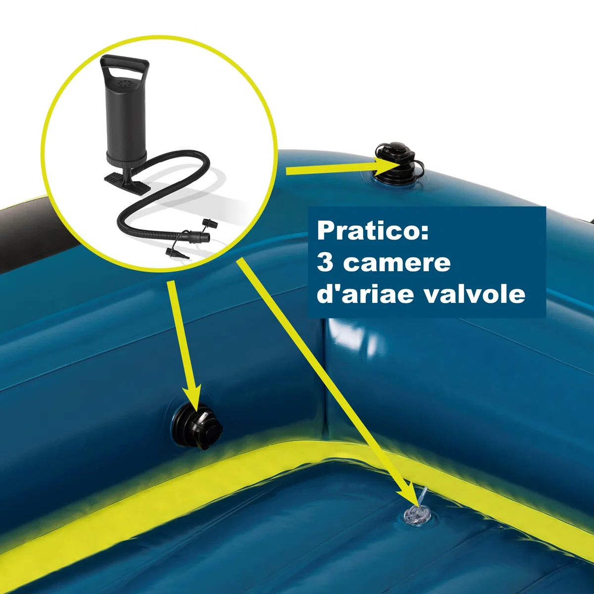 Hoberg Gommoni per imbarcazioni 2 posti / 4 posti | Adatto per 2 o 4 persone | Con 2 panche, 2 pagaie, pompa, kit di riparazione, 2 supporti per la pesca, sacca asciutta e altri accessori [blu/giallo]