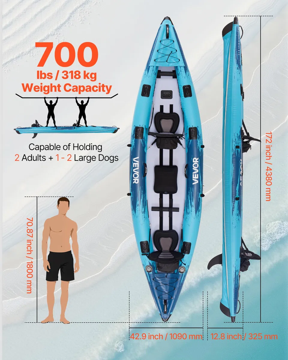VEVOR Kayak Gonfiabile per 2 Persone, Capacità 317,5 kg, Resistente a Perdite e Forature, con Seduta Imbottita, Pavimento in PVC, 2 Pagaie, Pompa a Mano, Borsa Trasporto, per Pesca e Campeggio