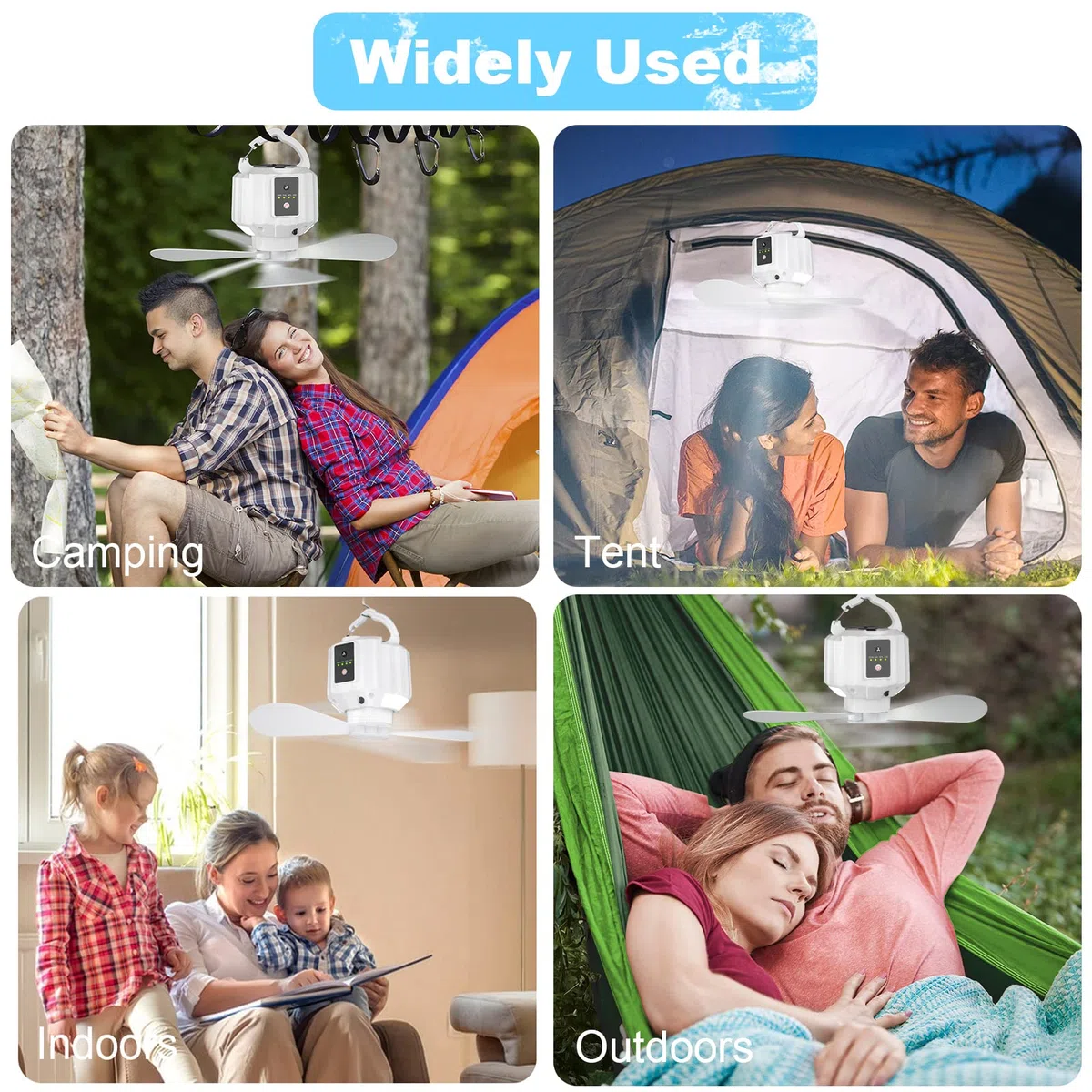 Ventilatore da Campeggio con Lanterna LED, Ventilatore da Campeggio Ricaricabile USB per Tende, Telecomando, Pale del Ventilatore Staccabili,Timer, per Picnic,Tende,Viaggi,Emergenza (Bianco)