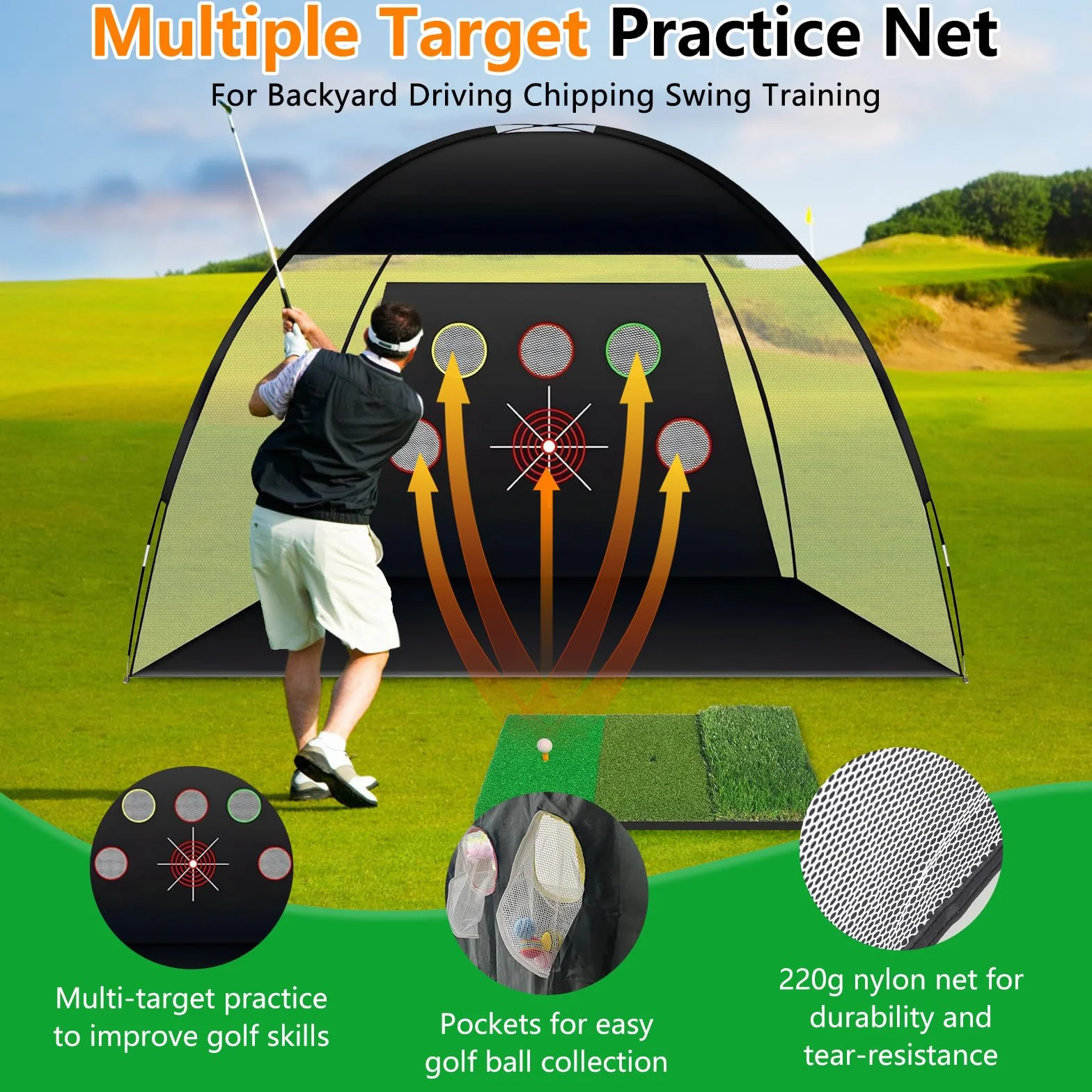 TTCB Sports Rete da golf per attività all'aperto, 3 x 2,1 m, rete da golf da interni con tappetino e correttore per oscillazione per guida in cortile, scheggiature, accessori per attrezzature da