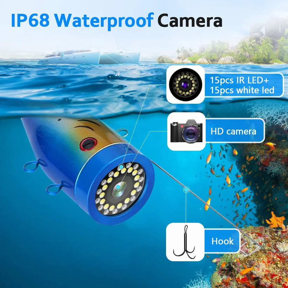 Ecoscandaglio da Pesca con 7 pollici TFT Monitor 30 LED Impermeabile Telecamera Subacquea da Pesca 15M Telecamera da Ecoscandaglio Portatile per Pesca su Ghiaccio, Lago e Barca