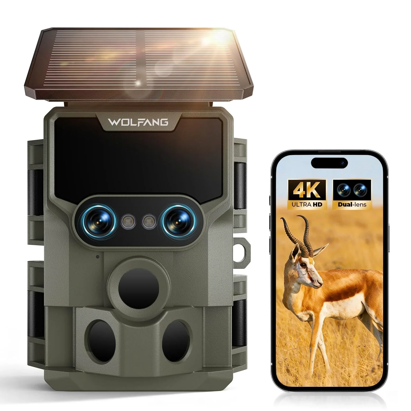 WOLFANG Fototrappola Solare 64MP 4K 30fps, Doppia Lente Wi-fi Bluetooth Fotocamera Caccia con Visione Votturna Stellata, 5000mAh Angolo di Rilevamento 120° Impermeabile IP66