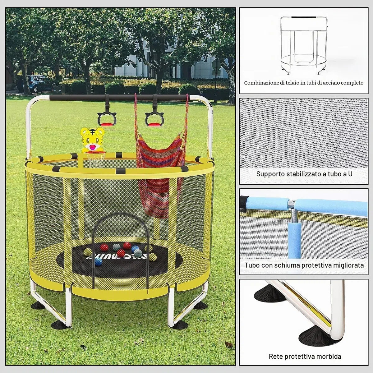 Trampolino per bambini, regolabile, con canestro da basket, 200 kg, per interni ed esterni, con recinzione
