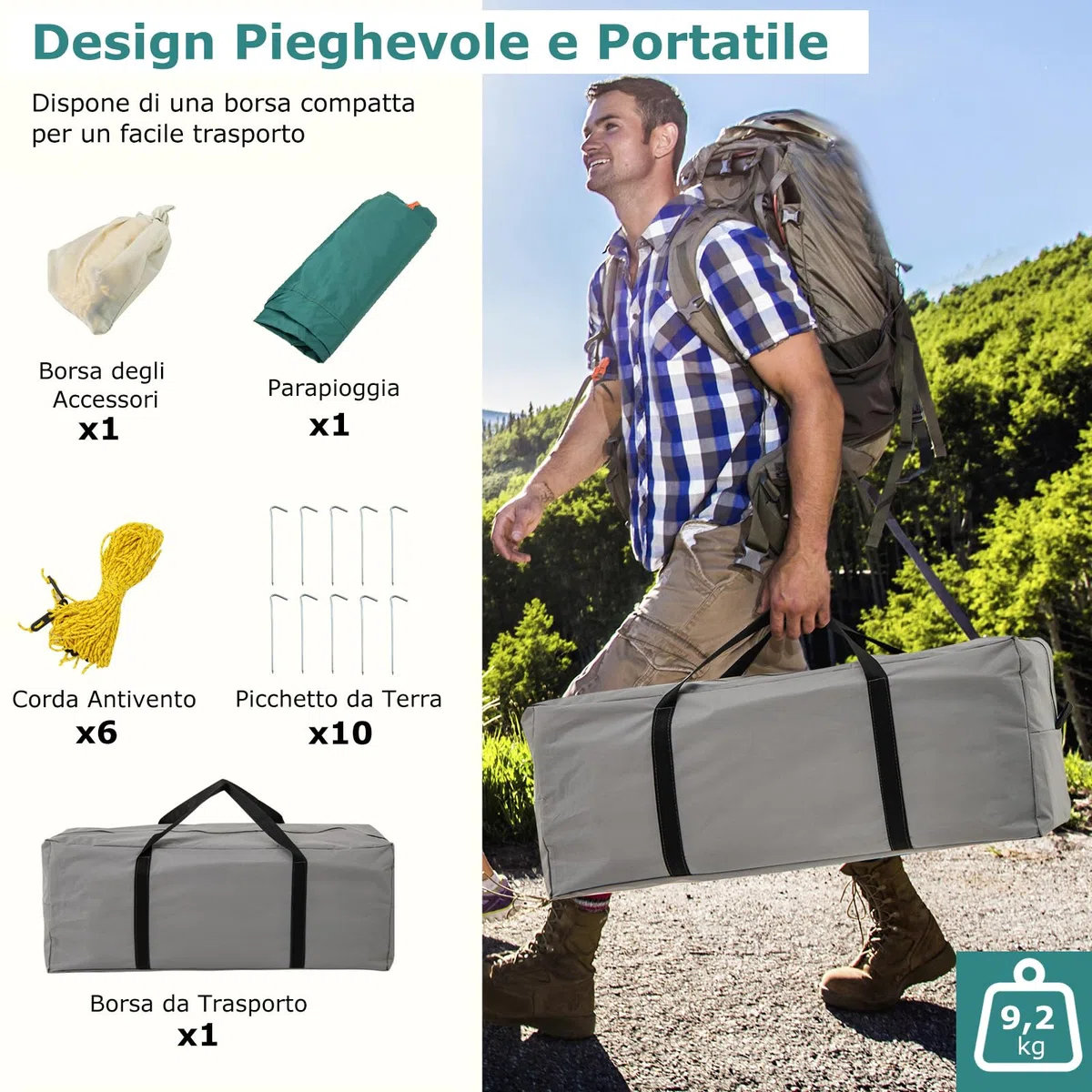 COSTWAY Tenda da Campeggio per 6/8/10 Persone con Veranda, Tenda Familiare con 2 Stanza, 2 Porte, 2 Finestre e Tetto Trasparente,Tendone Impermeabile e Facile da Installare