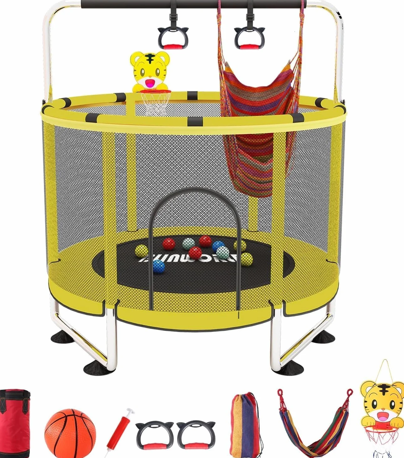 Trampolino per bambini, regolabile, con canestro da basket, 200 kg, per interni ed esterni, con recinzione