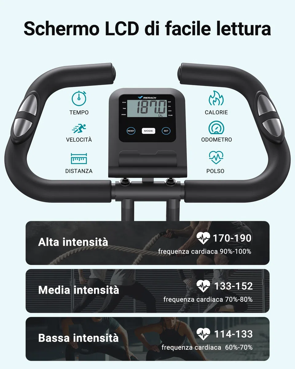 MERACH Cyclette da Casa con App di Allenamento, Silenziosa Cyclette Pieghevole 4-in-1, Resistenza Magnetica a 16 Livelli, Display LCD, Misurazione del Battito, Fascia di resistenza, Sella Confortevole