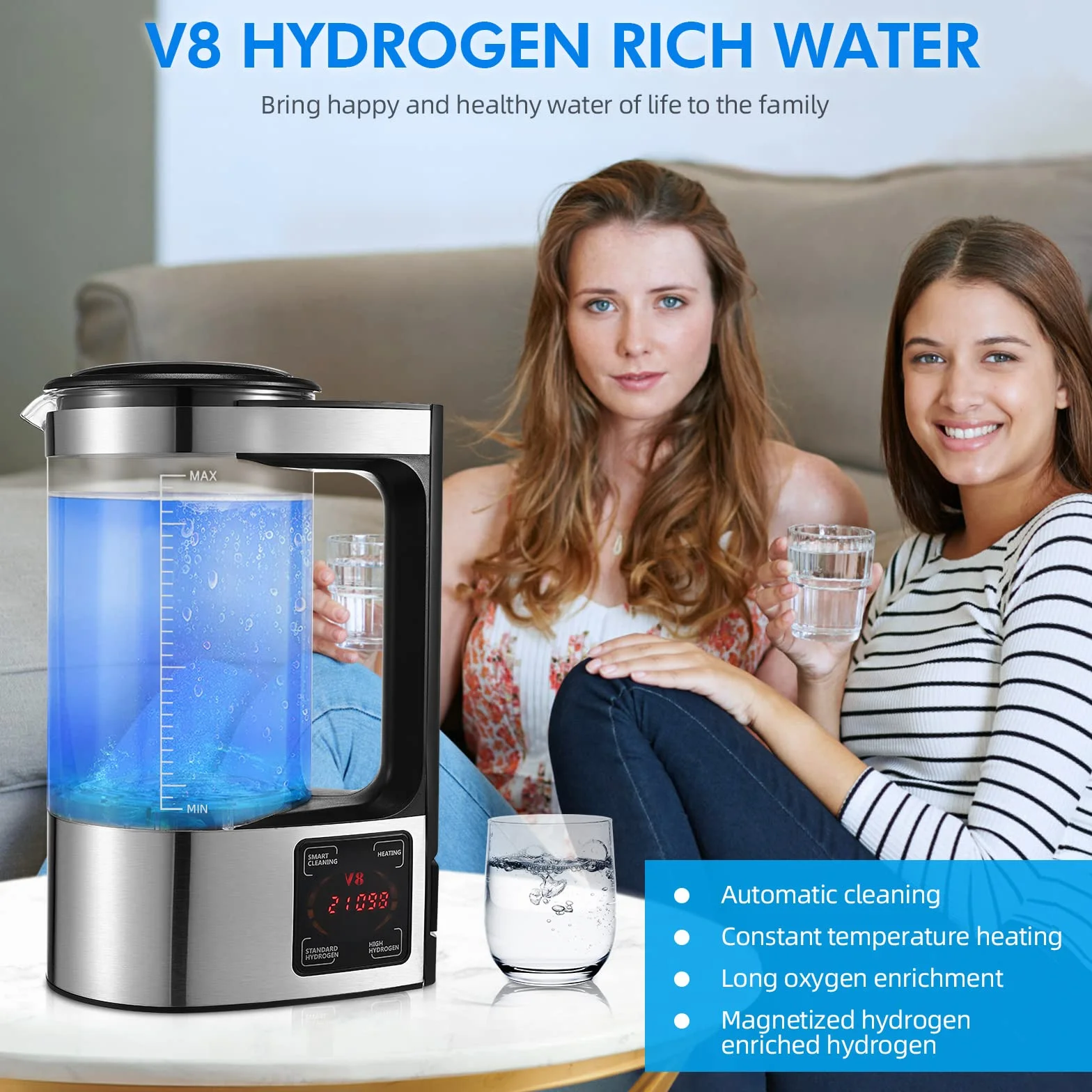 2L Generatore di Acqua Idrogenata, Grande Capacità Generatore di Acqua Idrogenata Ionizzatore, Bombola del Generatore di Idrogeno, Ricarica USB Portatile con Display LED per Casa, Ufficio e Viaggi