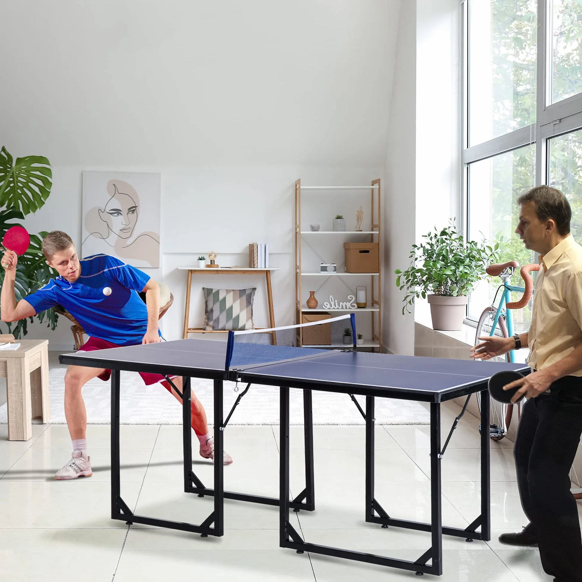 HOMCOM Tavolo da Ping Pong Pieghevole per Interni, Tavolo Ping Pong con Rete, Montaggio Non Richiesto, Blu e Viola
