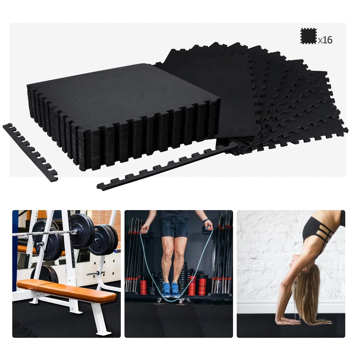 CCLIFE Tappeto Puzzle palestra tappeto a incastro pavimento gommato palestra tappeto da fitness tappeto antiurto,60x60 cm 16 pezzi nero - tessitura tela