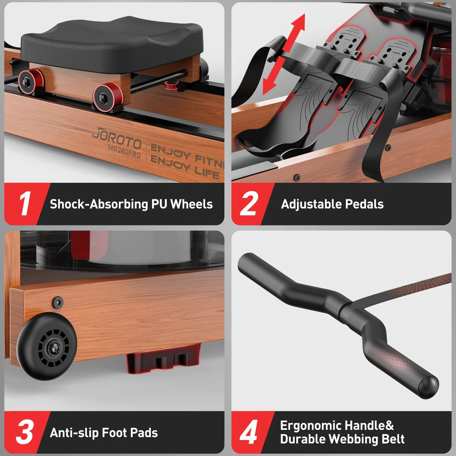 JOROTO Vogatore ad Acqua per casa, Vogatore Pieghevole in Legno di Quercia Capacità di Peso di 150kg con Monitor Bluetooth, Supporto per Tablet Regolabile