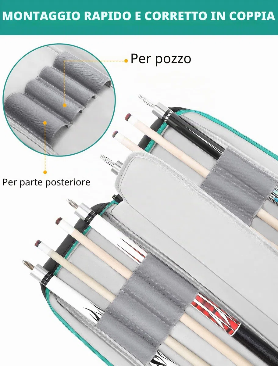 PEKREWS Custodia per stecche da biliardo 4 x 4 con cinghie per zaino, custodia morbida per stecche da biliardo con tracolla, custodia per bastone da biliardo può contenere 4 mozziconi e 4 alberi e