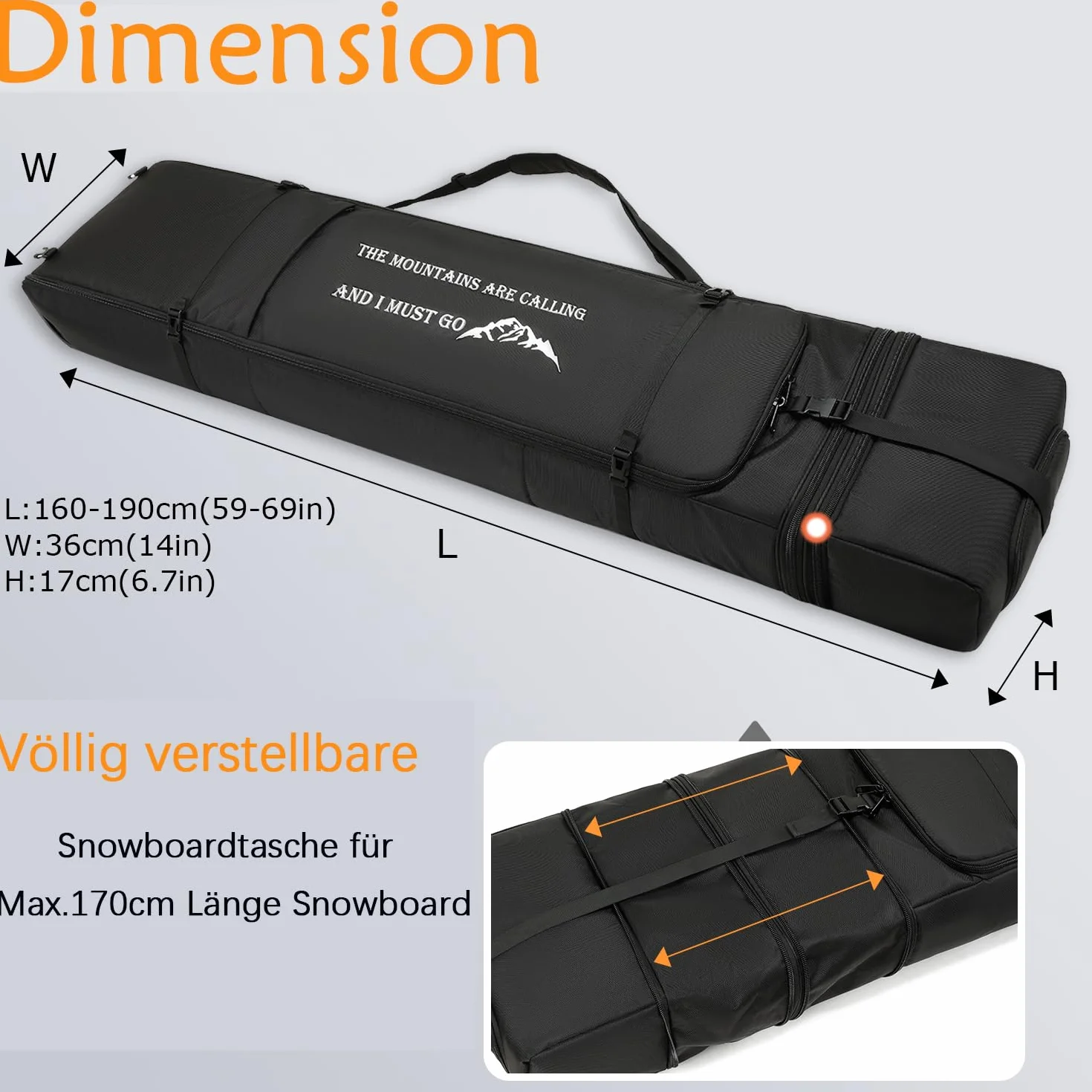 Borsa da Snowboard con Ruote Borsa da Sci da Viaggio imbottita Regolabile per Snowboard da 175 cm Scarponi da Sci e Attrezzatura