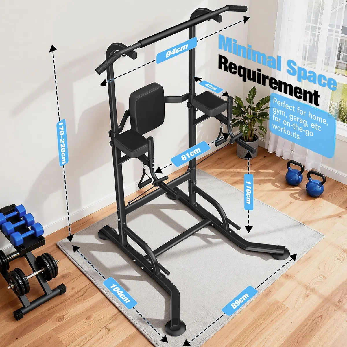 Dskeuzeew Power Tower Dip Station, stazione di forza fitness con barra per trazioni, torre di potenza multifunzionale per allenamento a casa in palestra, carico 150 kg, nero