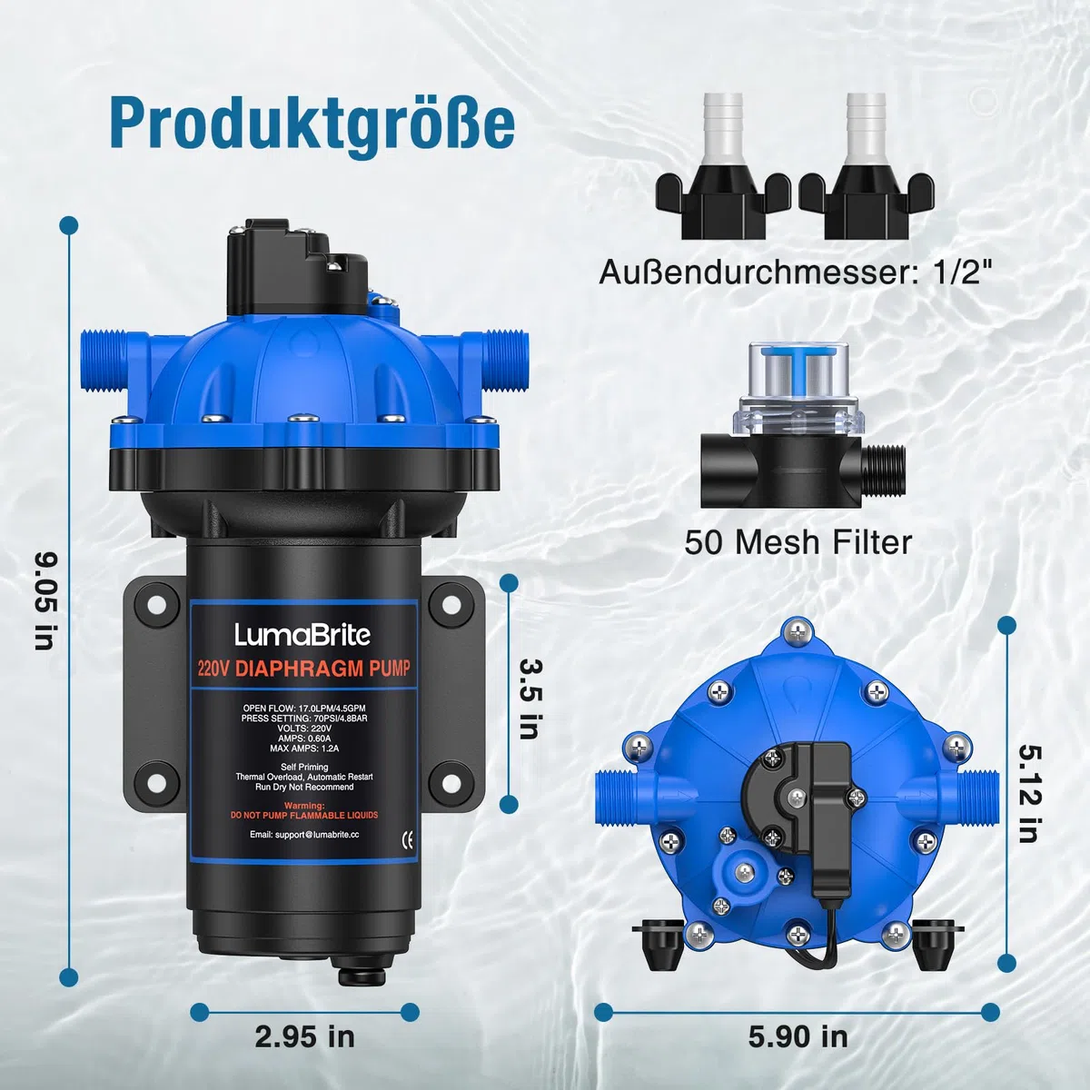 Pompa ad acqua compressa autoadescante AC 220 V, 4,5 GPM 70 PSI, pompa a membrana con pressostato per roulotte per il sistema idrico domestico, irrigazione