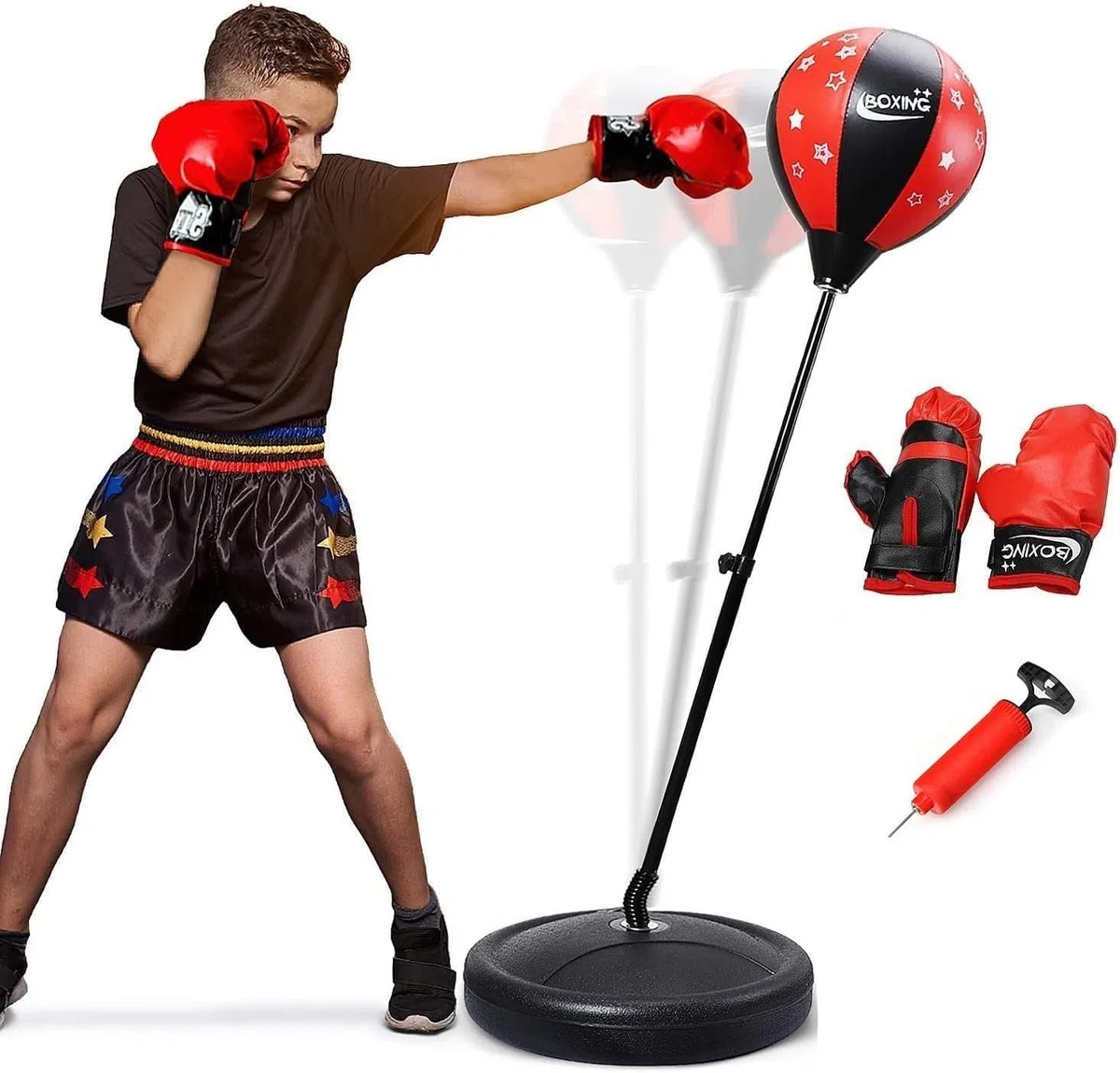 Set Pugilato Bambini Palla Pera con Piantana Regolabile Sacco da Pugilato Boxe con Guantoni per Bambini Allenamento Sacco Guanti da Boxe Combattimento Sparring Kickboxing Sacchi Sport
