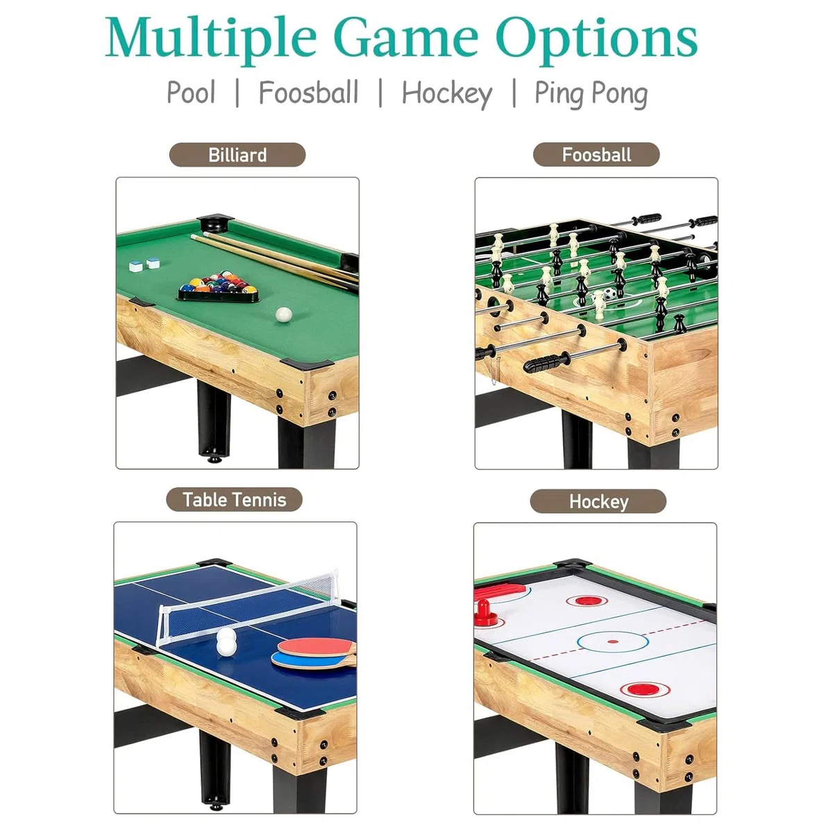 4 in 1 tavolo multi gioco, tavolo da gioco sportivo combinato per bambini tavolo da biliardo,biliardino,tavolo da ping pong,air hockey con tutti gli accessori grande regalo per i bambini