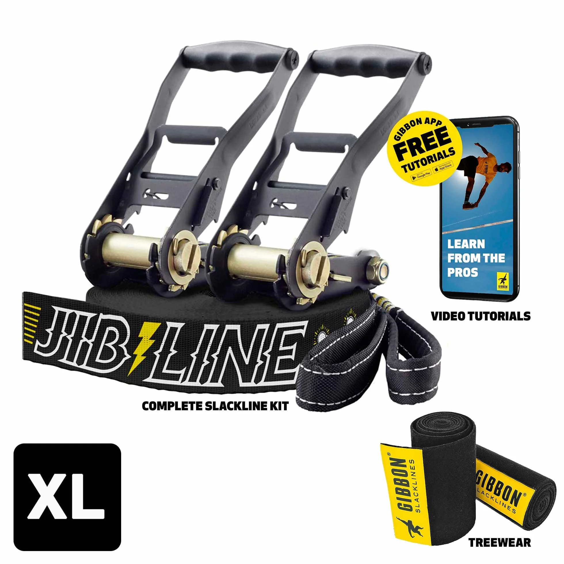 Gibbon Slacklines JibLine XL Trickline Set | 25 m (20 m Webbing + 2 x Nastro a cricchetto da 2,5 m) | 2 cricchetti | TreeWear | 5 cm di Larghezza | Stampa Antiscivolo | carico di Rottura 30 KN | per