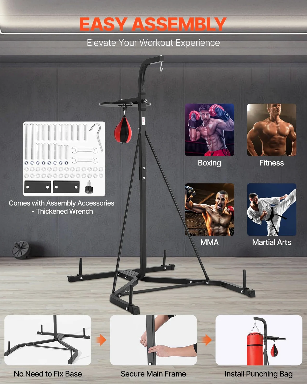 VEVOR Supporto per Sacco da Boxe, Attrezzatura per Allenamento Regolabile in Altezza, Supporta 65 kg, con Base Appesantita, Sacco per Allenamento Palestra Casa, Nero 132x114x201 cm