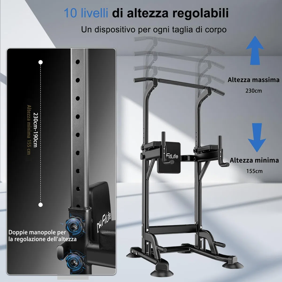 DH FitLife Power Tower Dip Station, Attrezzatura sportiva con barra per trazioni, barre e allenamento della schiena, Stazione di forza, Stazione fitness, Power Rack, Allenamento di forza a casa