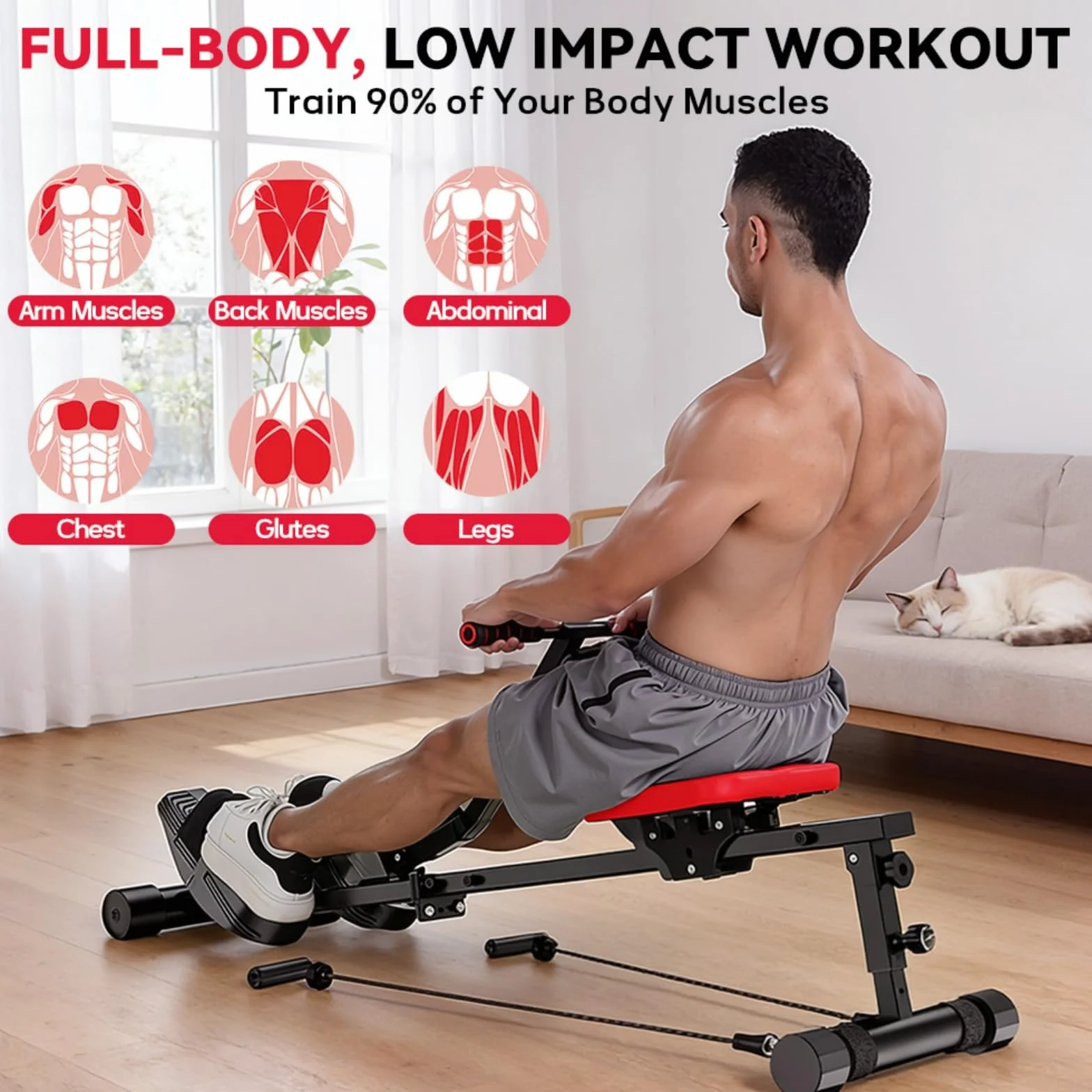 Vogatore per la casa idraulica, 12 livelli di resistenza, capacità di carico 180 kg, per allenamento completo vogatore fitness