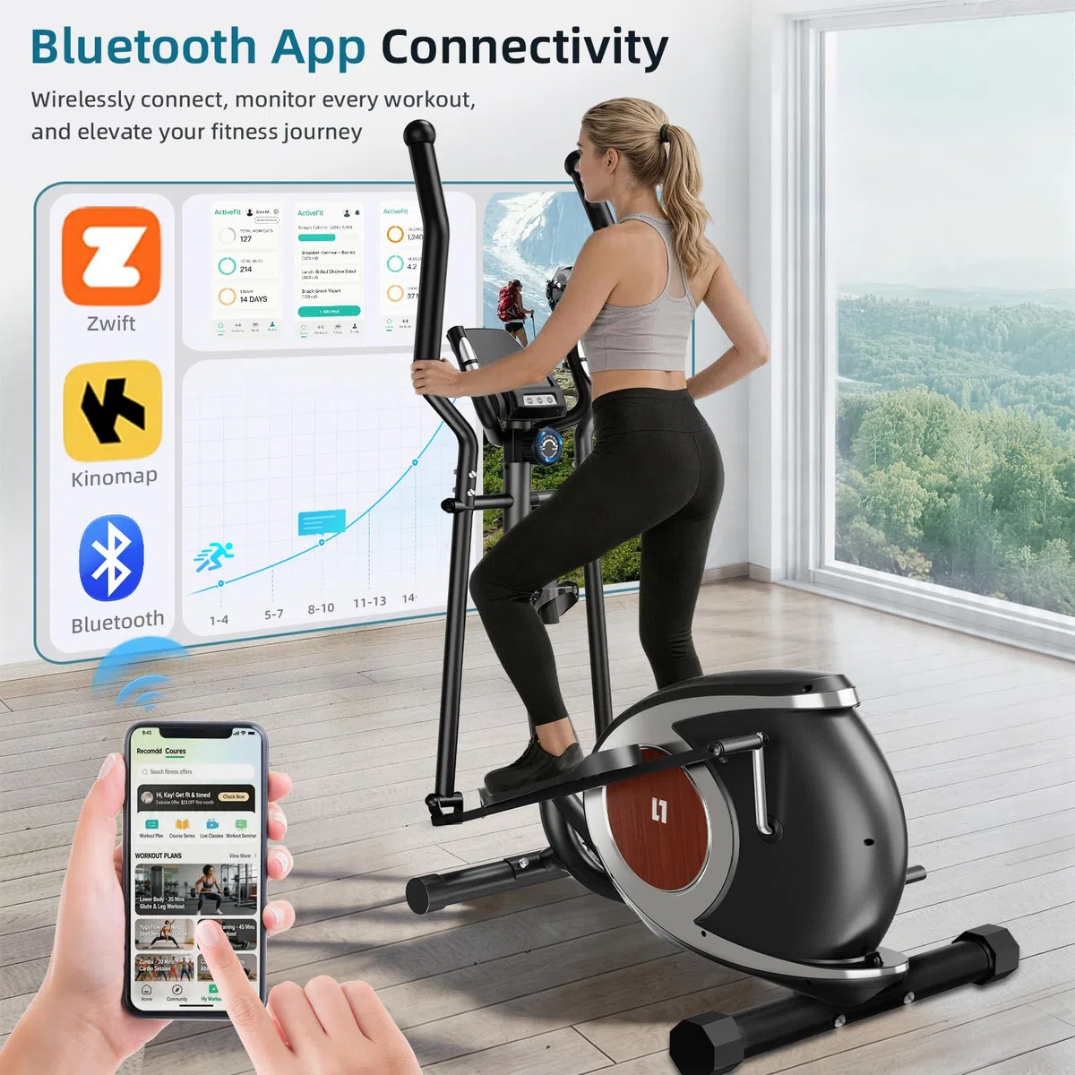 Ellittica da Casa, Ellittiche con 16 Livelli di Resistenza Magnetica, Display LCD con Bluetooth e Ruote di Trasporto, Attrezzo per L'allenamento Completo del Corpo a Casa con Portabottiglia