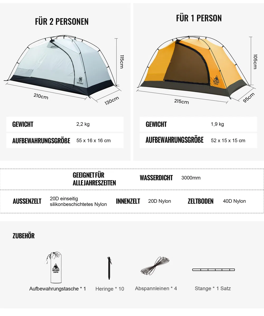 OneTigris Stella - Tenda da campeggio, autoportante, leggera, 3000 mm, impermeabile, 4 stagioni, per escursioni, alpinismo
