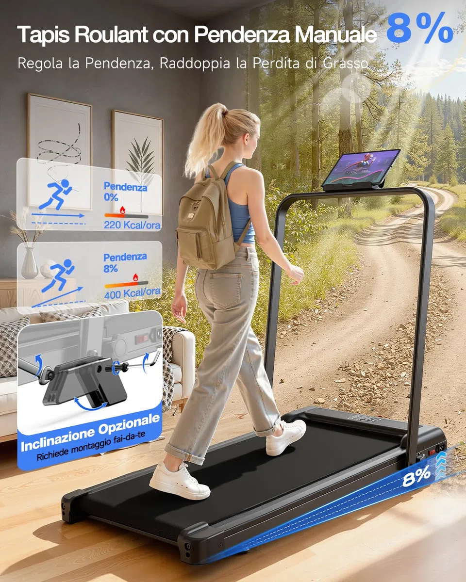 Tapis Roulant per Ginocchia Fragili: Pendenza 7%, 2.5HP, Ammortizzato, Display LED