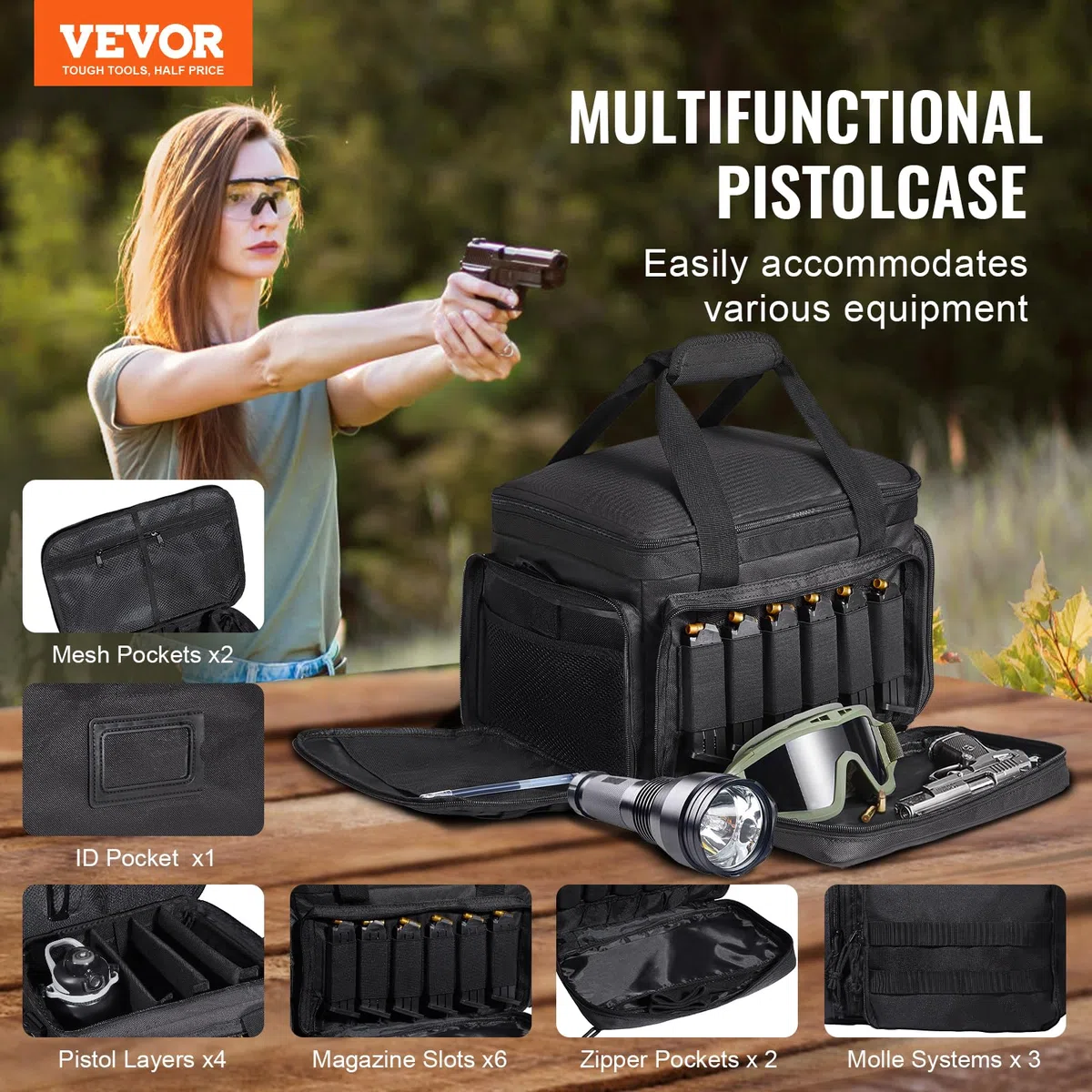 VEVOR Custodia Morbida per Pistola Capienza 4 pistole, Custodia Borsa per Pistola con 3 Pannelli Rimovibili 6 Caricatori, Custodia per Armi da Fuoco, Borsa per Pistola di Caccia all'Aperto