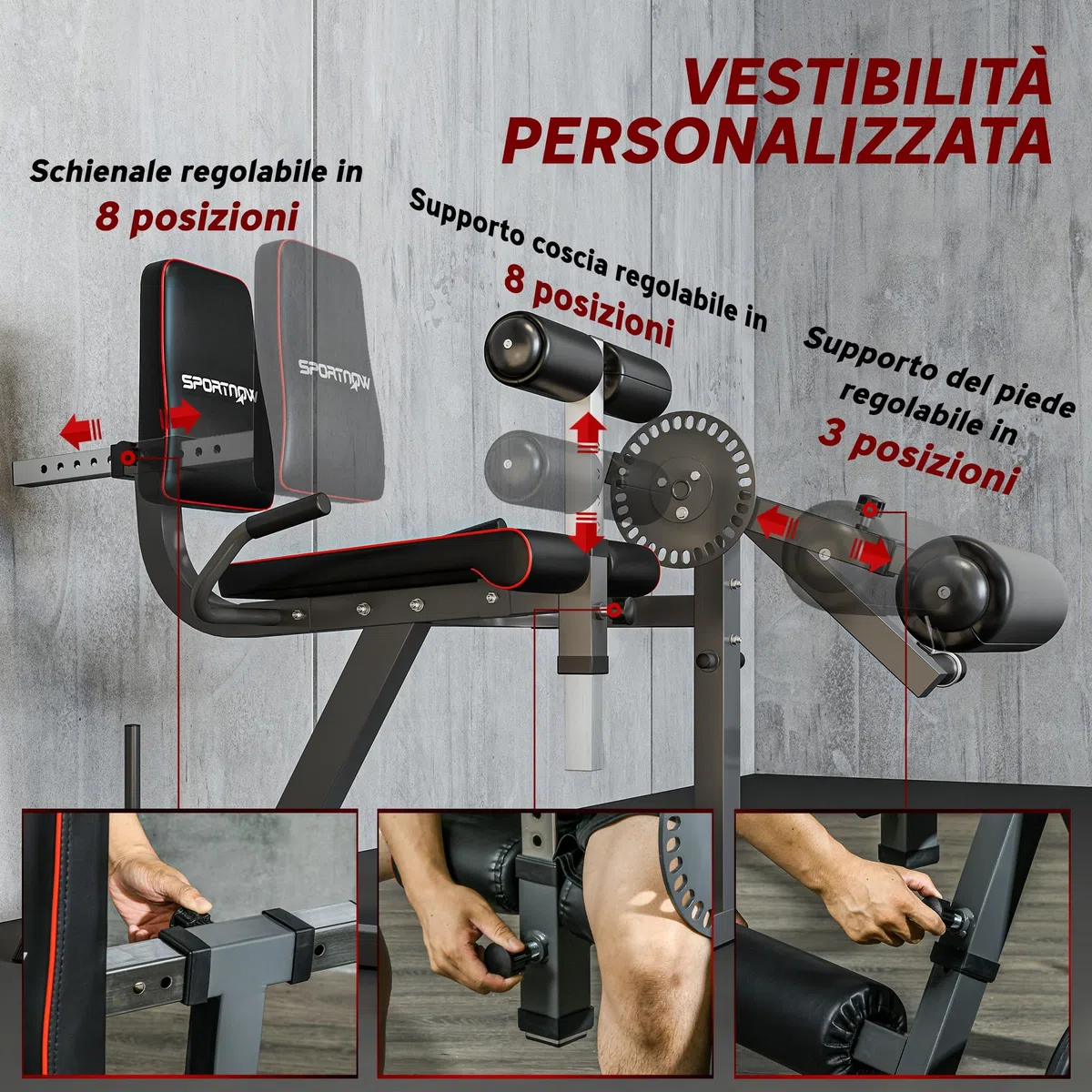 SPORTNOW Macchina Fitness con Schienale e Cuscinetti Regolabili per Leg Extension e Leg Curl, Panca Palestra con Spazio per Dischi Pesi in Acciaio e Plastica, Grigio e Nero